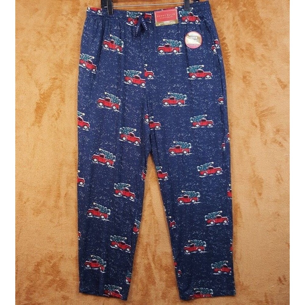 PERRY ELLIS Pajama Pants Large Navy Vintage Truck Tree Snow Winter Sleepwear PJs